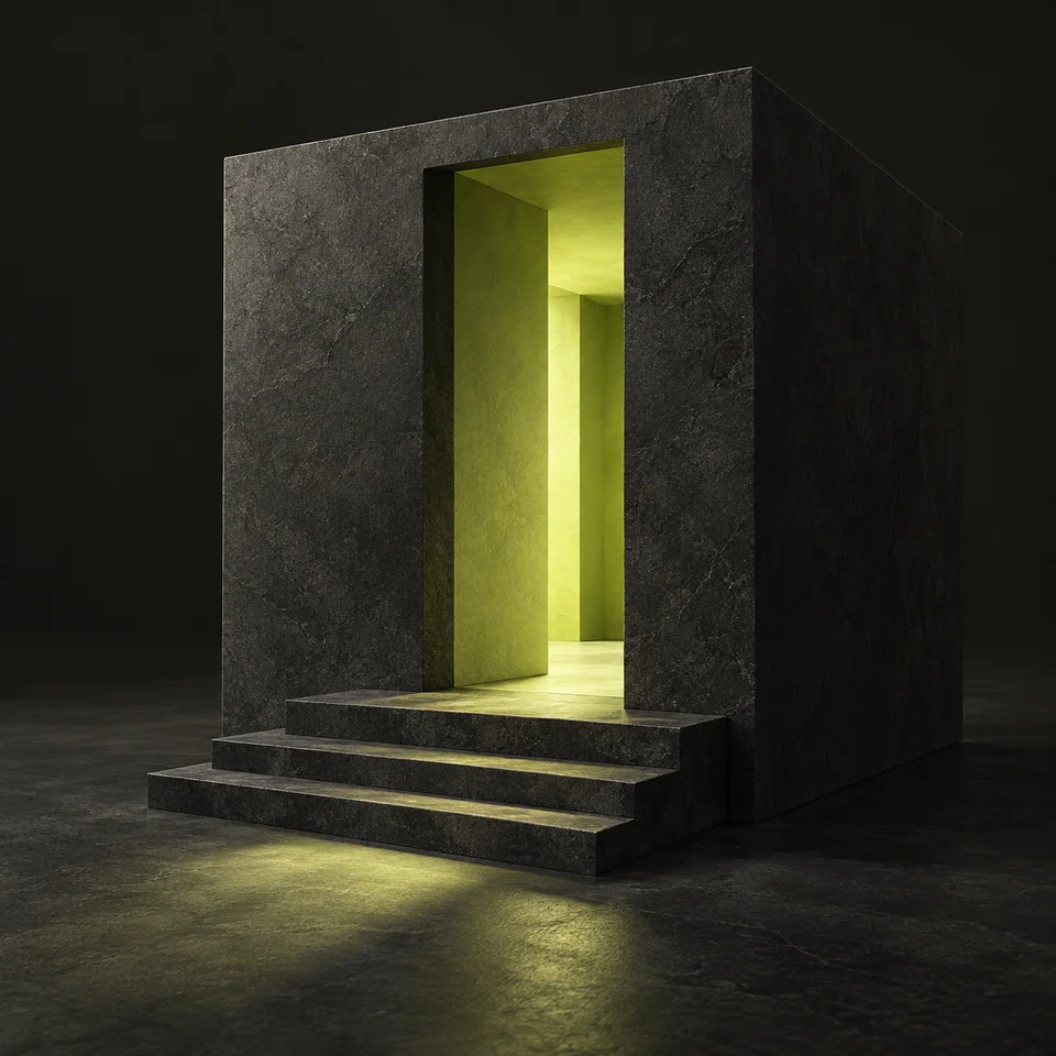 A sculptural graphite room with a lime-lit doorway and stone steps